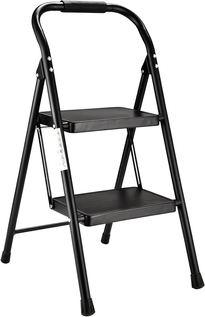 ASPERLAD Step Stool for Adults,2 Step Ladder Folding 330lbs Anti Slip Step Stool,Foldable Ergonomic 2 Steel Stool with Wide Pedal for Home, Kitchen, Office (Black) - Image 1
